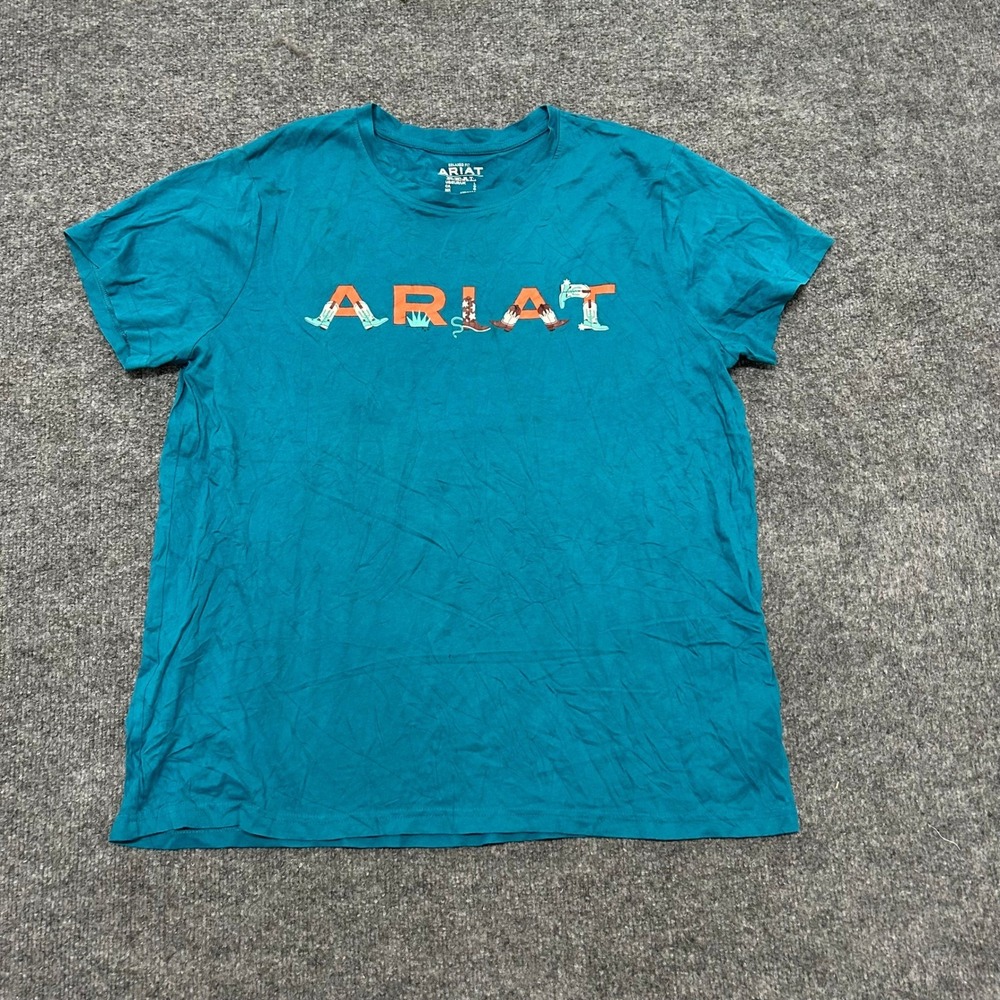 Ariat T-Shirt Womens Size L Teal Blue Graphic Logo Relaxed Fit Short Sleeve Tee